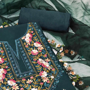 Morpich Green Floral Embroidered Viscose Dress Material