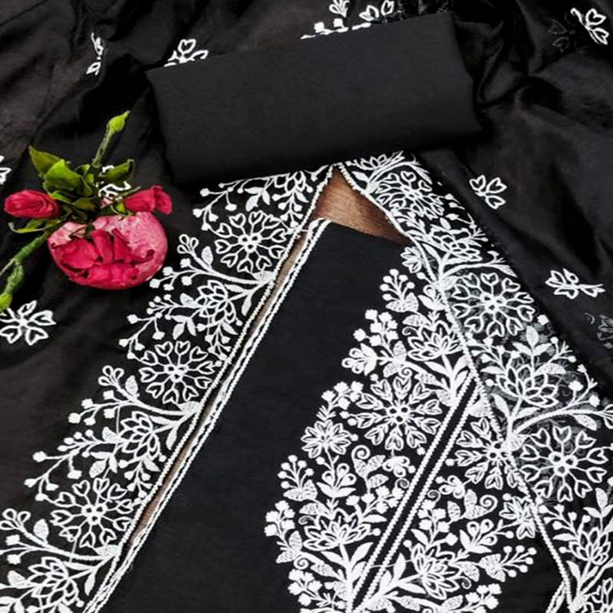 Black Floral Embroidered Chanderi Silk Dress Material