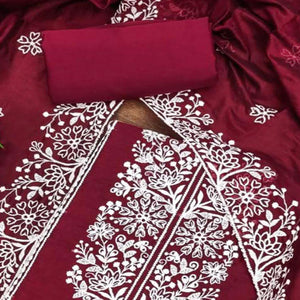 Maroon Floral Embroidered Chanderi Silk Dress Material