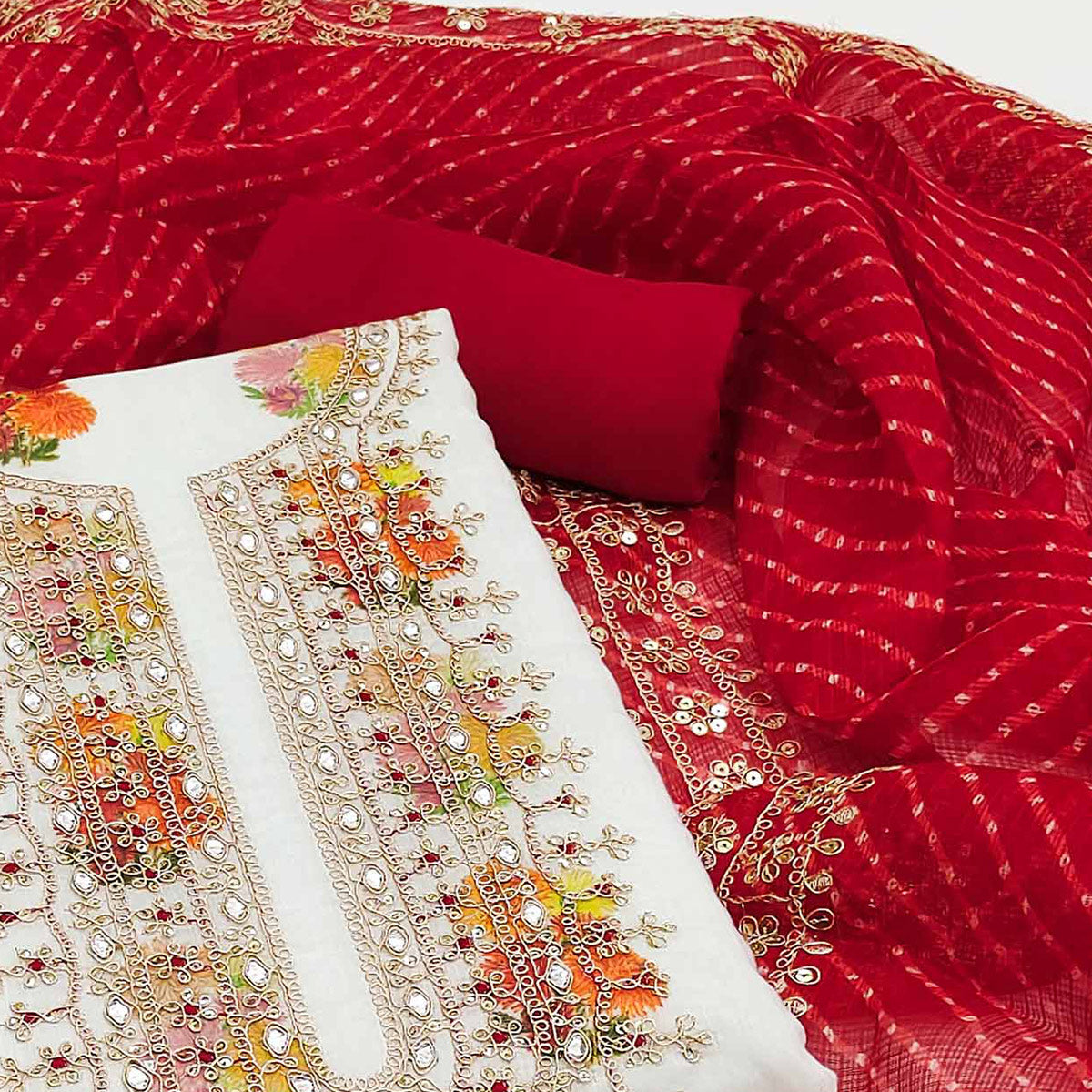 White Floral Printed Chanderi Dress Material