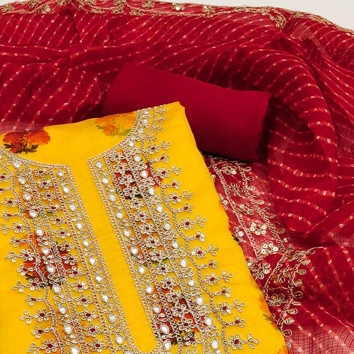 Yellow Floral Printed Chanderi Dress Material