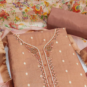 Peach Zari Work Woven Net Dress Material