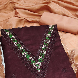 Wine Floral Embroidered Vichitra Silk Dress Material