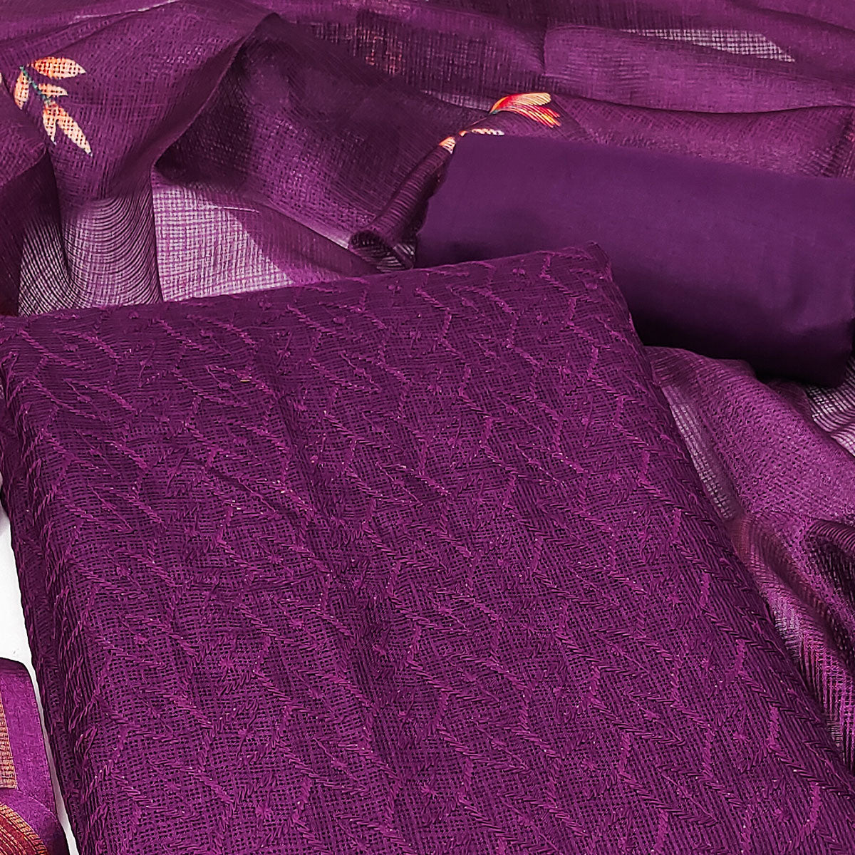 Dark Purple Embroidered Kota Doria Dress Material