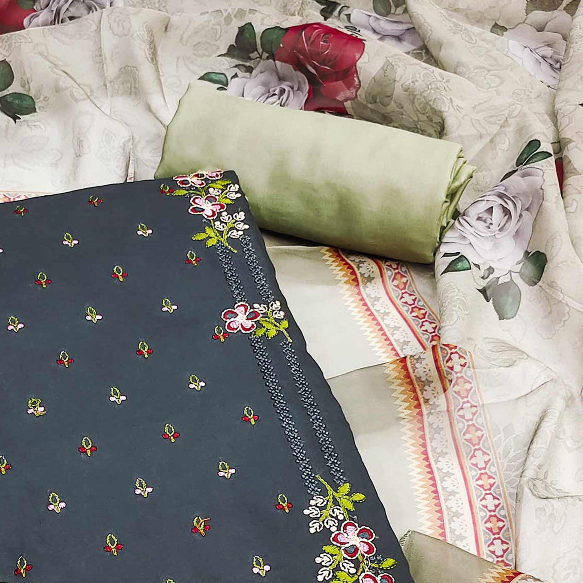 Grey Floral Embroidered Viscose Dress Material
