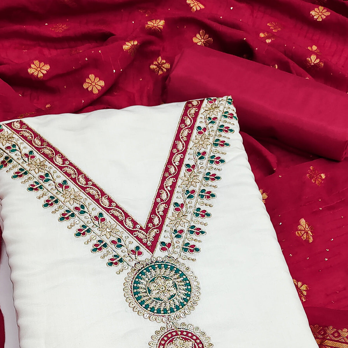 White Embroidered Viscose Dress Material