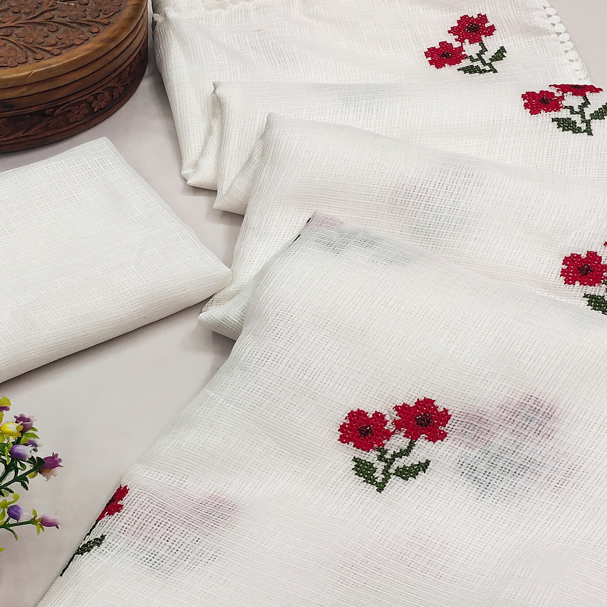 White Floral Embroidered Kota Doria Saree