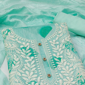 Turquoise Embroidered Chanderi Dress Material