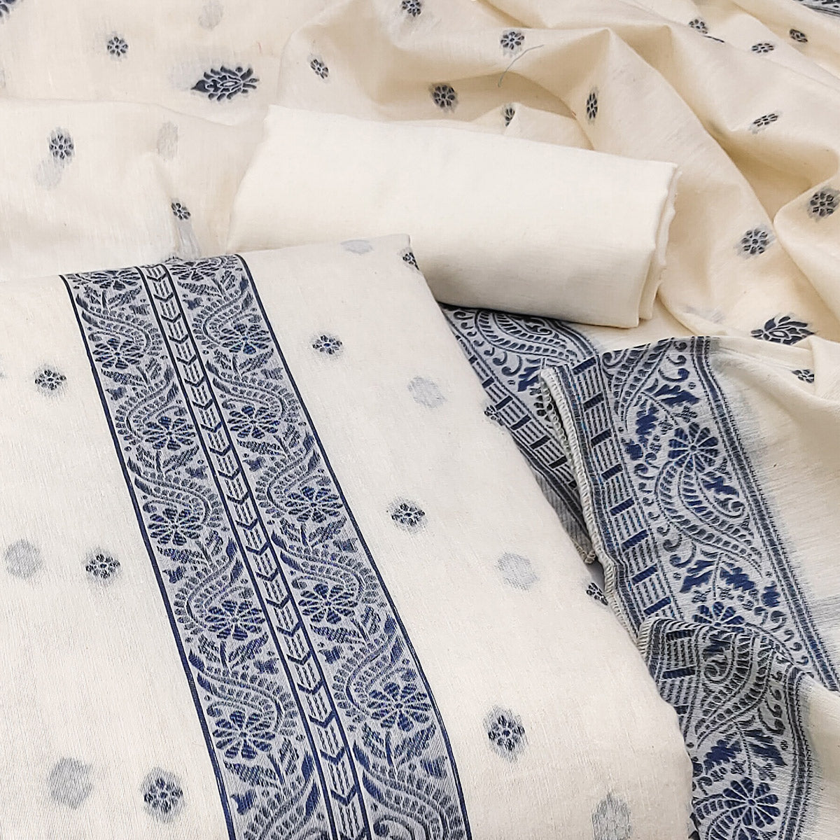 Off White & Navy Blue Woven Pure Cotton Dress Material