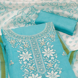 Turquoise Floral Embroidered Kota Doria Dress Material