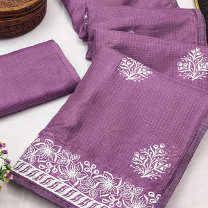 Elegant Light Purple Kota Doria Saree with Intricate Floral Embroidery Detailing