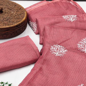 Elegant Peach Kota Doria Saree with Intricate Floral Embroidery Detailing