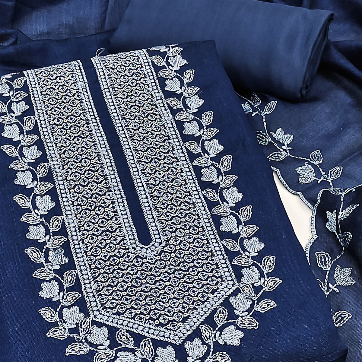 Blue Embroidered Vichitra Silk Dress Material