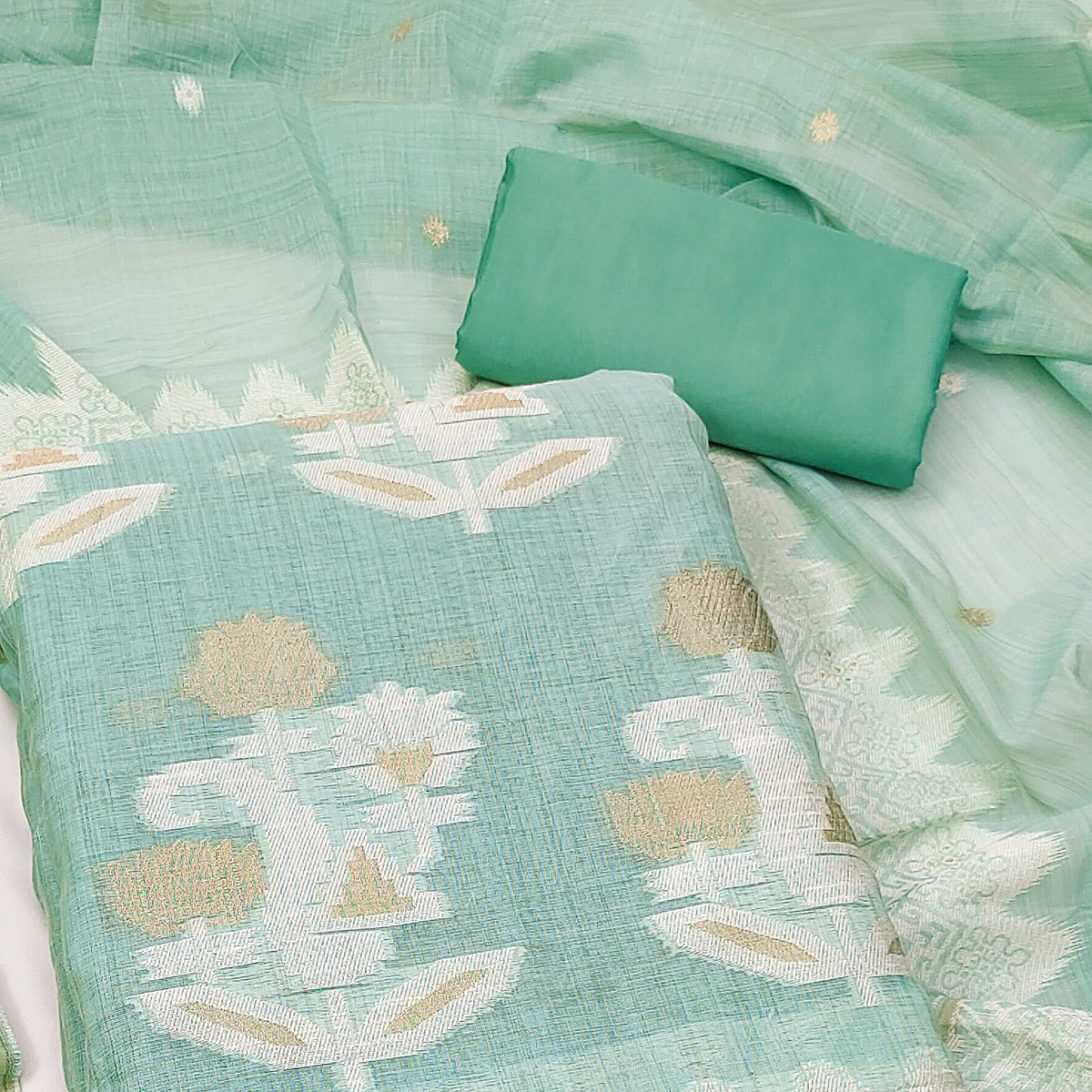 Turquoise Floral Woven Banarasi Silk Dress Material