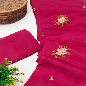 Pink Floral Embroidered Vichitra Silk Saree With Tassels
