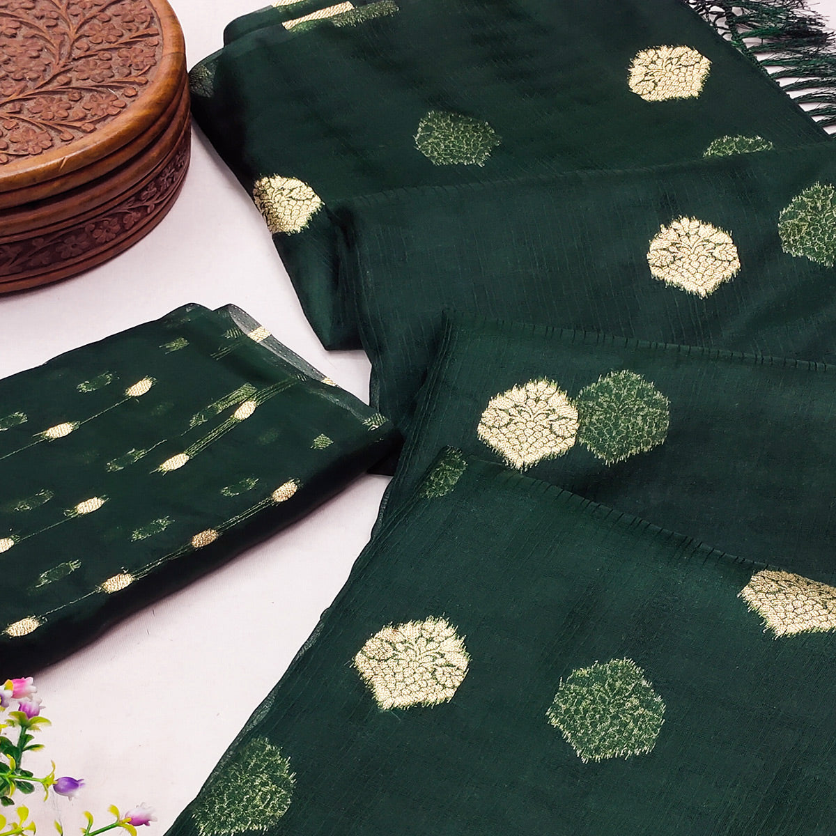 Green Floral Woven Organza Saree With Tassels