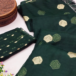 Green Floral Woven Organza Saree With Tassels