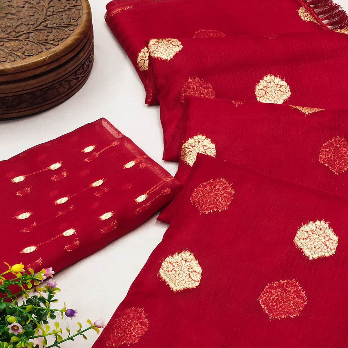 Red Floral Woven Organza Saree With Tassels
