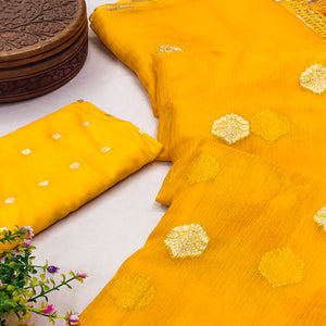 Yellow Floral Woven Organza Saree With Tassels