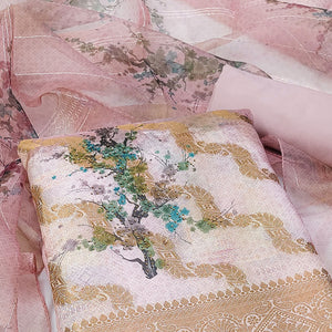 Rose Pink Woven With Digital Printed Organza Dress Material