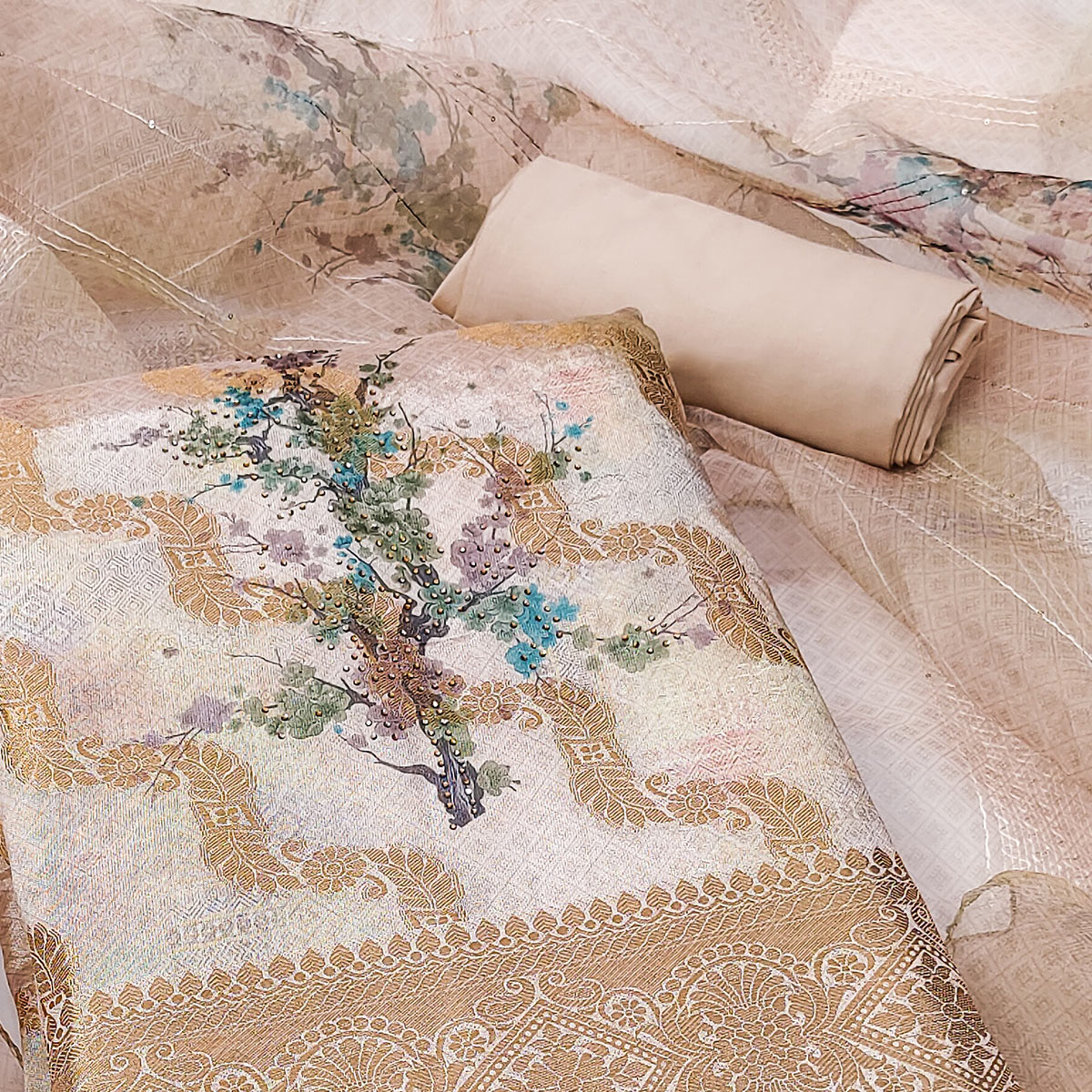 Soft Peach Woven With Digital Printed Organza Dress Material