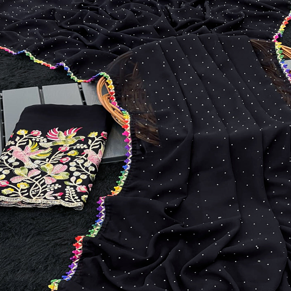 Black Swarovski Work Embroidered Georgette Saree