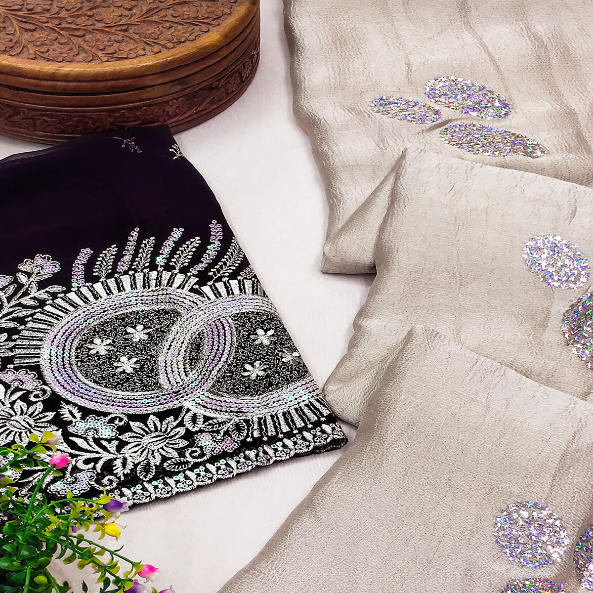 Beige Mirror Work Embroidered Chiffon Saree