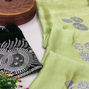 Green Mirror Work Embroidered Chiffon Saree