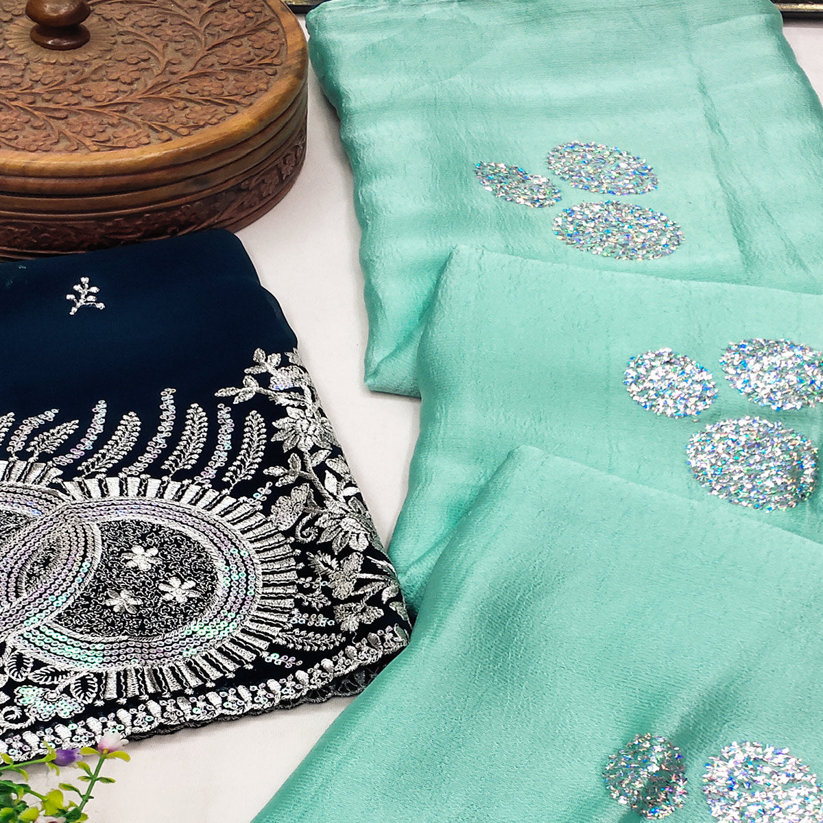 Sea Green Mirror Work Embroidered Chiffon Saree