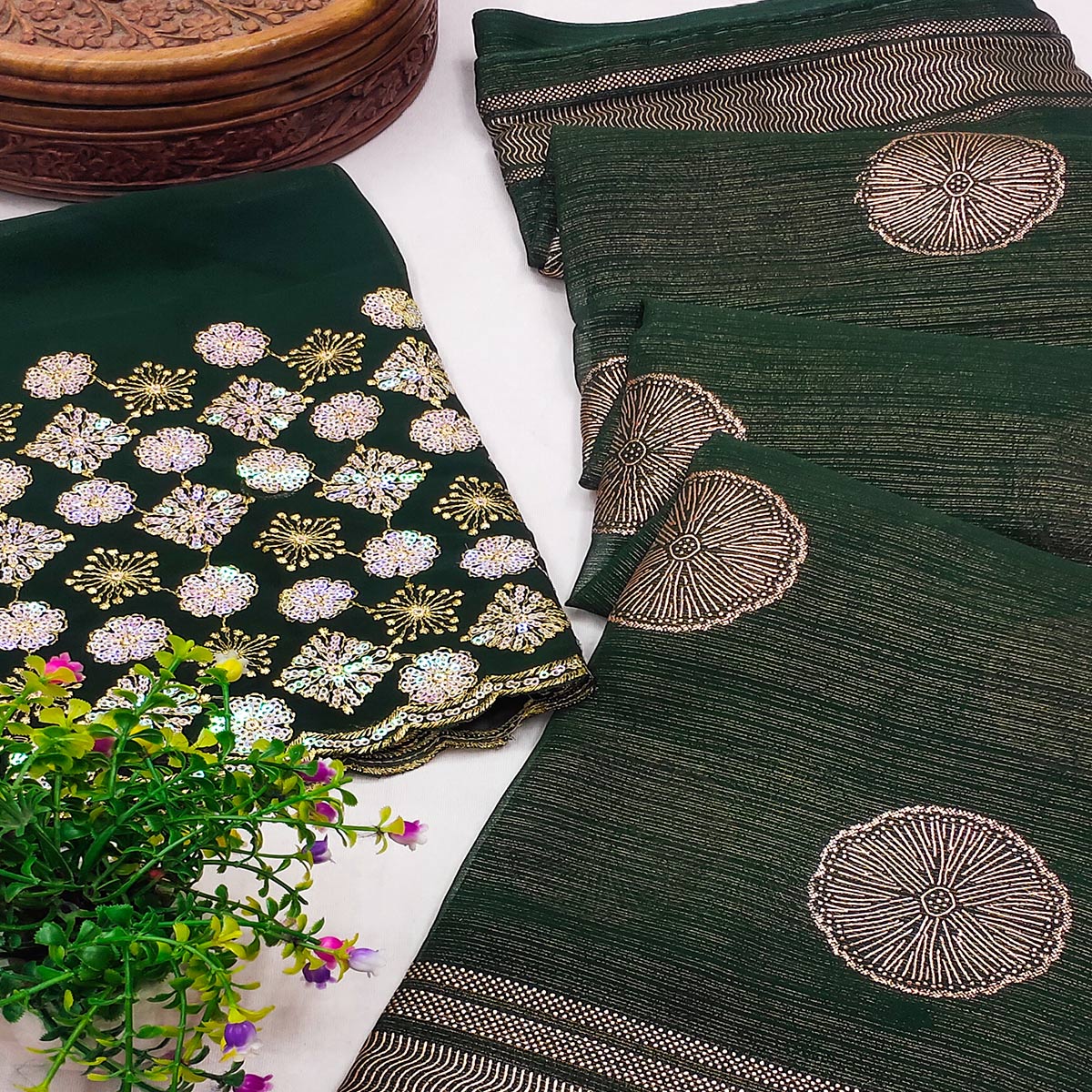 Green Foil Printed Georgette Saree