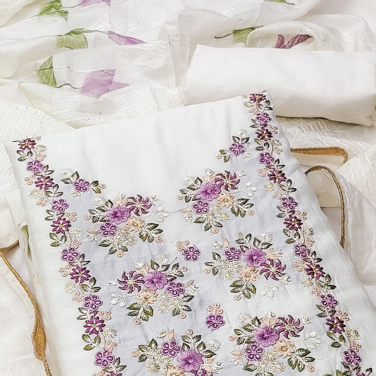 White Floral Embroidered Viscose Dress Material