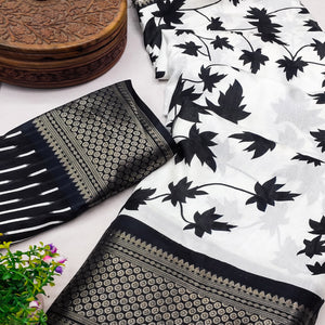Off White & Black Floral Printed Dola Silk Saree With Zari Border