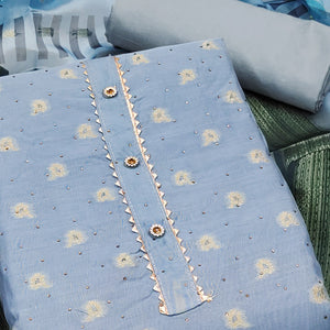 Blue Woven With Swarovski Work Banarasi Silk Dress Material