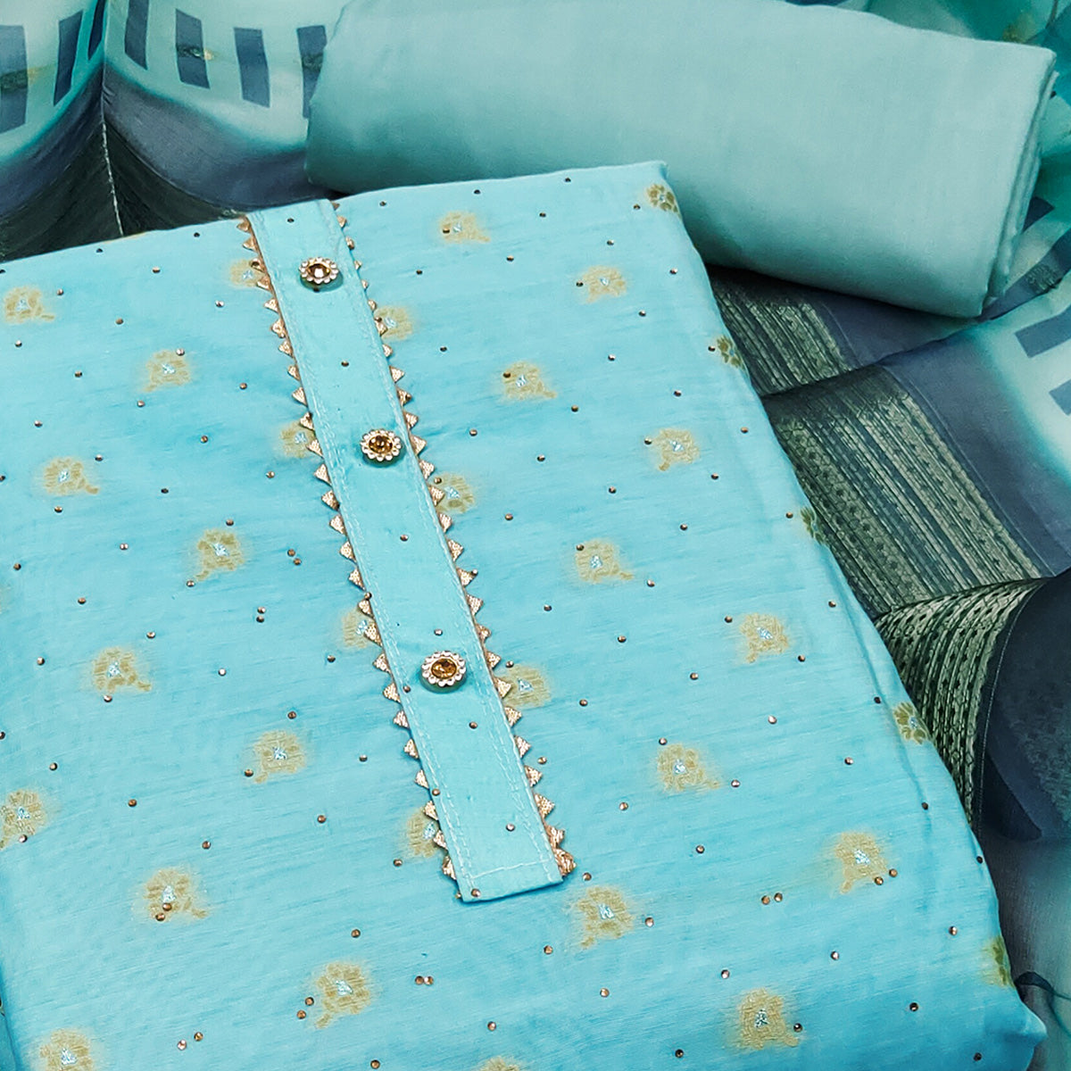 Turquoise Woven With Swarovski Work Banarasi Silk Dress Material