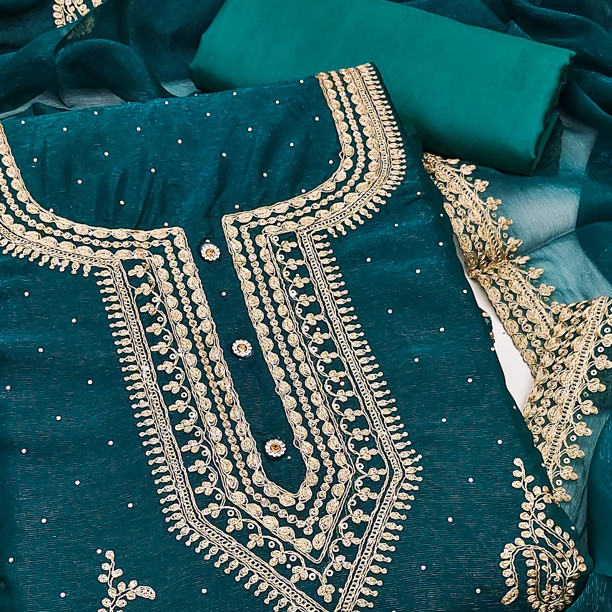 Teal Floral Embroidery With Swarovski Work Georgette Dress Material