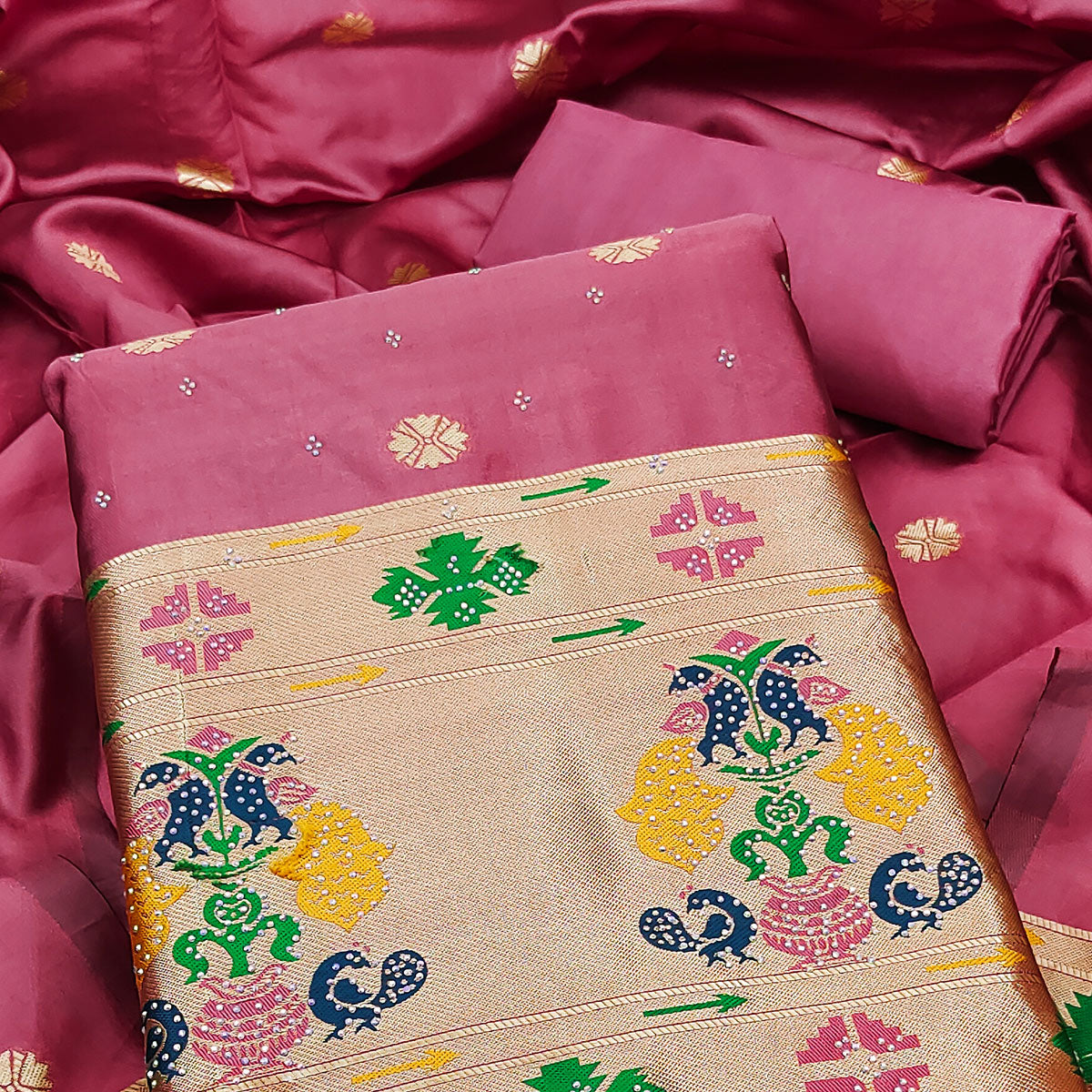 Gajari Pink Floral Woven With Swarovski Work Banarasi Silk Dress Material