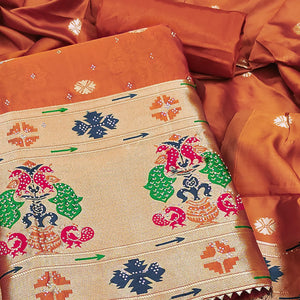 Orange Floral Woven With Swarovski Work Banarasi Silk Dress Material