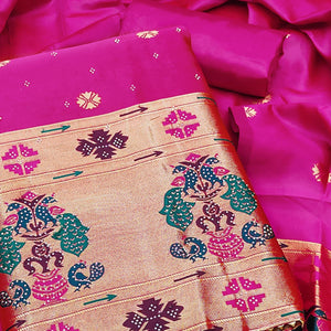 Pink Floral Woven With Swarovski Work Banarasi Silk Dress Material
