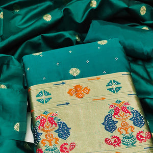 Rama Green Floral Woven With Swarovski Work Banarasi Silk Dress Material