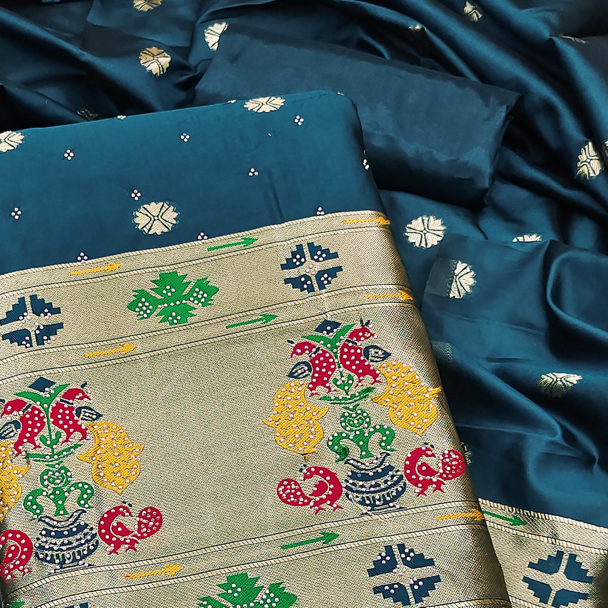 Teal Floral Woven With Swarovski Work Banarasi Silk Dress Material
