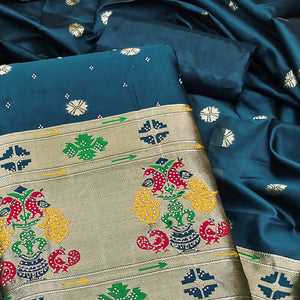 Teal Floral Woven With Swarovski Work Banarasi Silk Dress Material