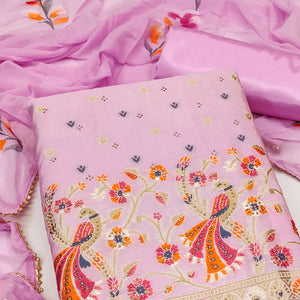 Pink Floral Woven With Swarovski Work Banarasi Silk Dress Material
