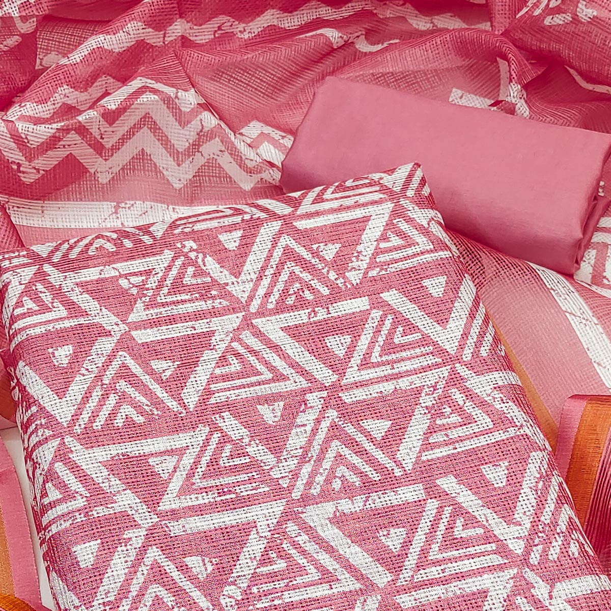 Gajari Pink Geometric Printed Kota Doria Dress Material