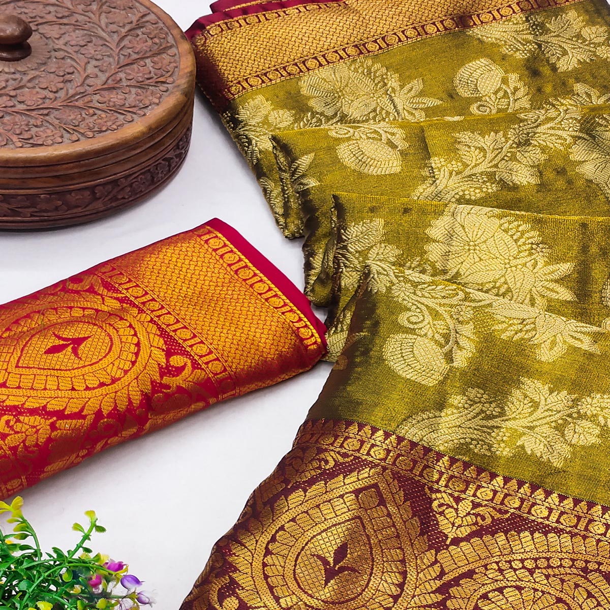 Olive Floral Woven Banarasi Silk Saree