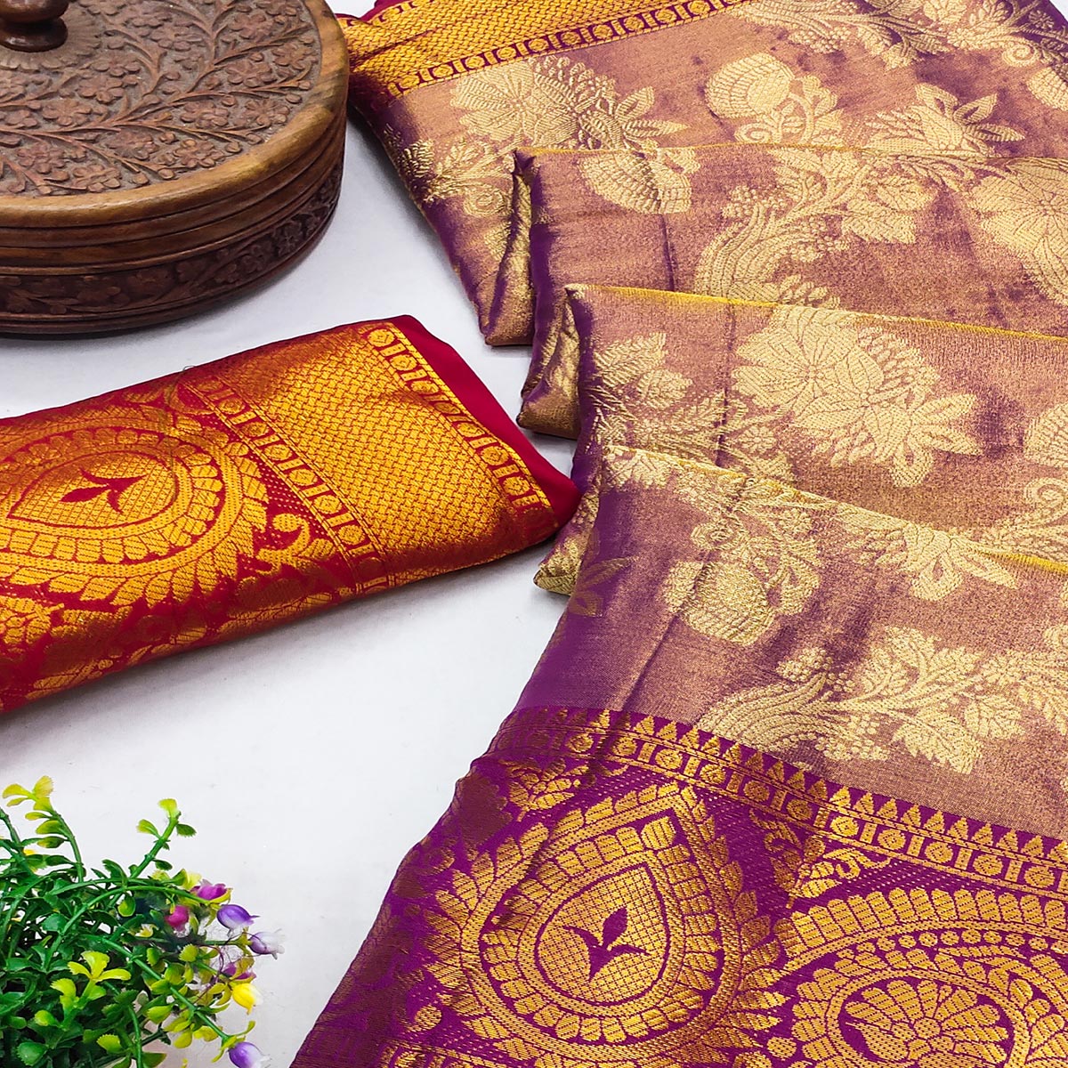 Purple Floral Woven Banarasi Silk Saree