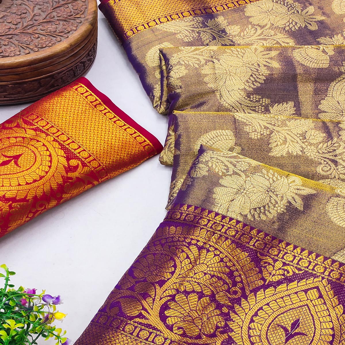 Violet Floral Woven Banarasi Silk Saree