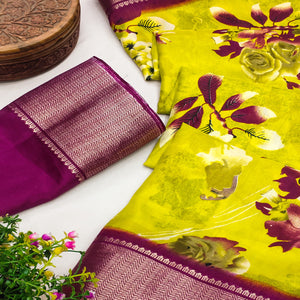 Green Floral Printed Art Silk Saree With Woven Border