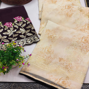 Beige Floral Printed Georgette Saree