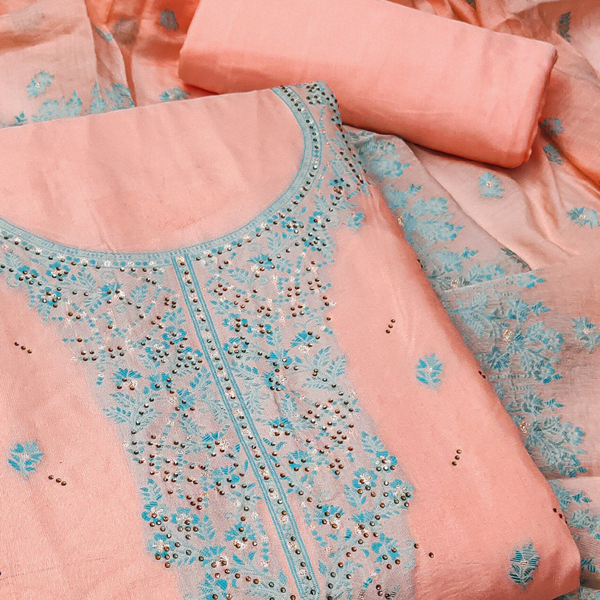 Peach Floral Banarasi Silk Dress Material with Rich Zari Weaving