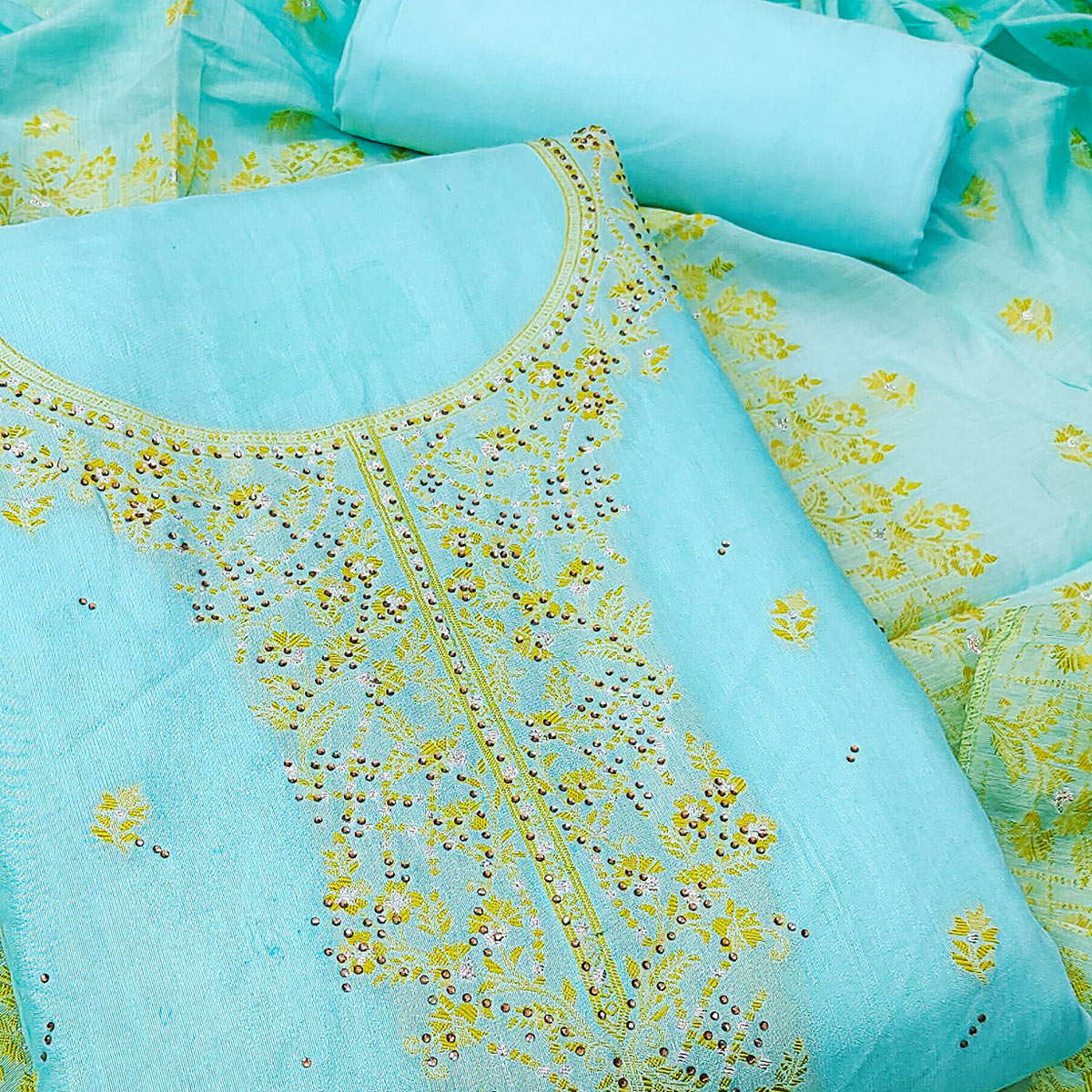 Sky Blue Floral Banarasi Silk Dress Material with Rich Zari Weaving